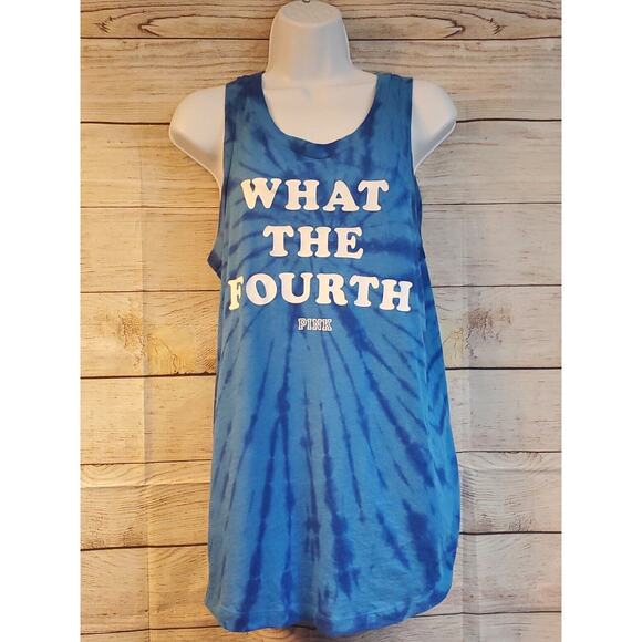 Victoria’s Secret PINK "What the Fourth" Sleeveless Shirt Sz XS Blue Tie Dye - Picture 1 of 4